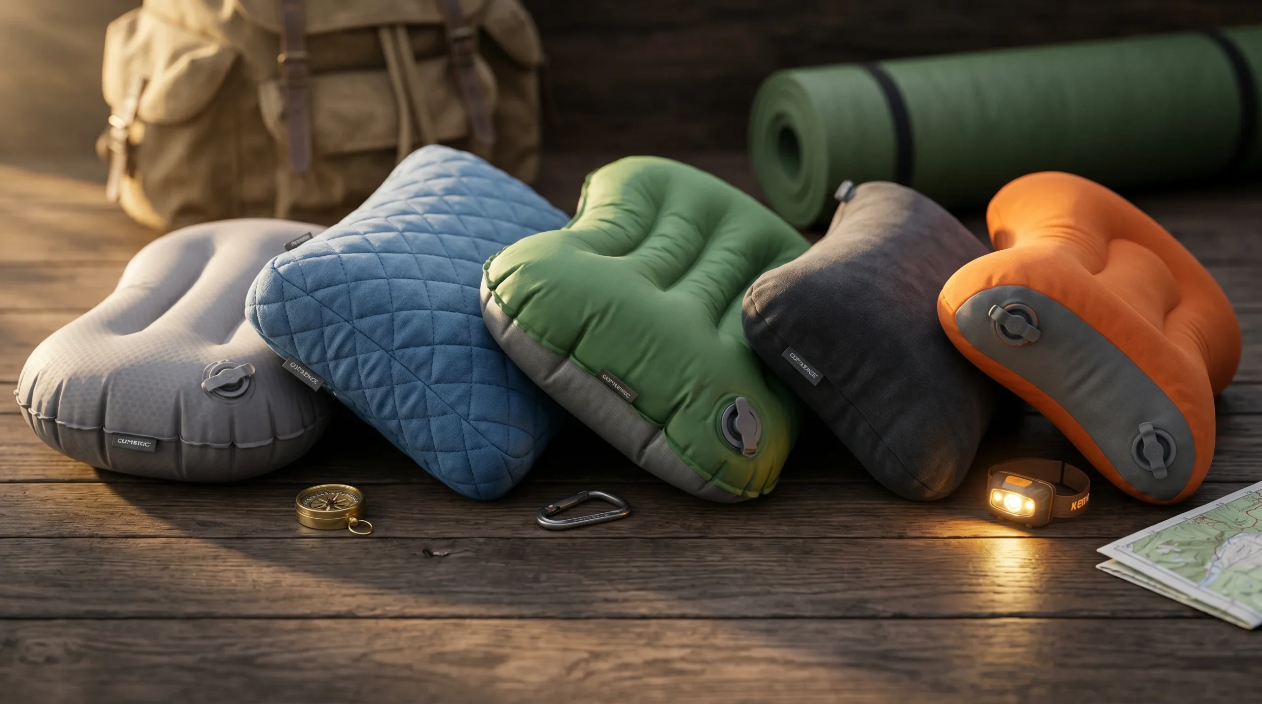A lineup of five different styles of the best camping pillows, including ultralight inflatable and quilted memory foam models, arranged on a rustic wooden board alongside outdoor gear.