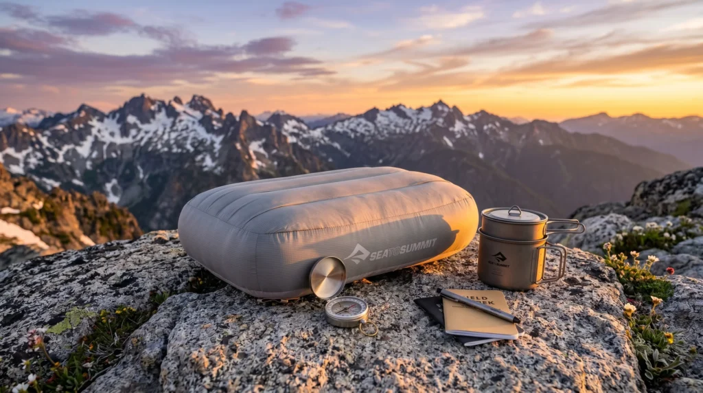 A grey Sea to Summit inflatable camping pillow resting on a rocky mountain summit at sunset, surrounded by a compass, field notebook, and titanium camp cup, illustrating the best camping pillows for ultralight backpacking.