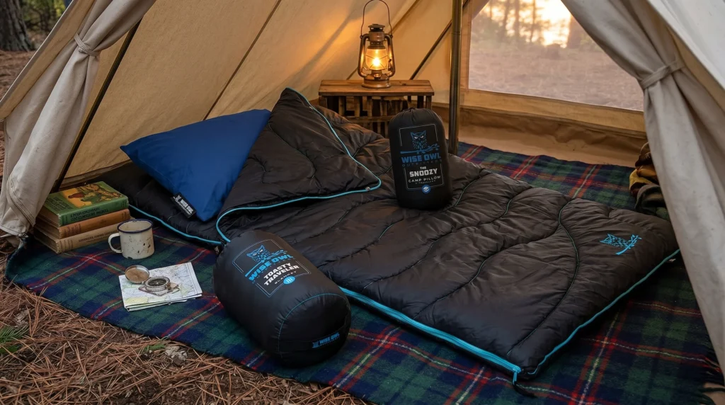 A blue Wise Owl Outfitters camping pillow resting on a sleeping bag inside a canvas tent, surrounded by stuff sacks, vintage books, a map, and a glowing lantern, highlighting one of the best camping pillows for car camping.