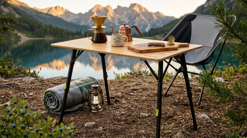 A premium bamboo folding camping table with adjustable black legs set up on an uneven dirt shoreline next to an alpine lake. The table holds a copper kettle, glass pour-over coffee carafe, ceramic camp mug, and a wooden cutting board.