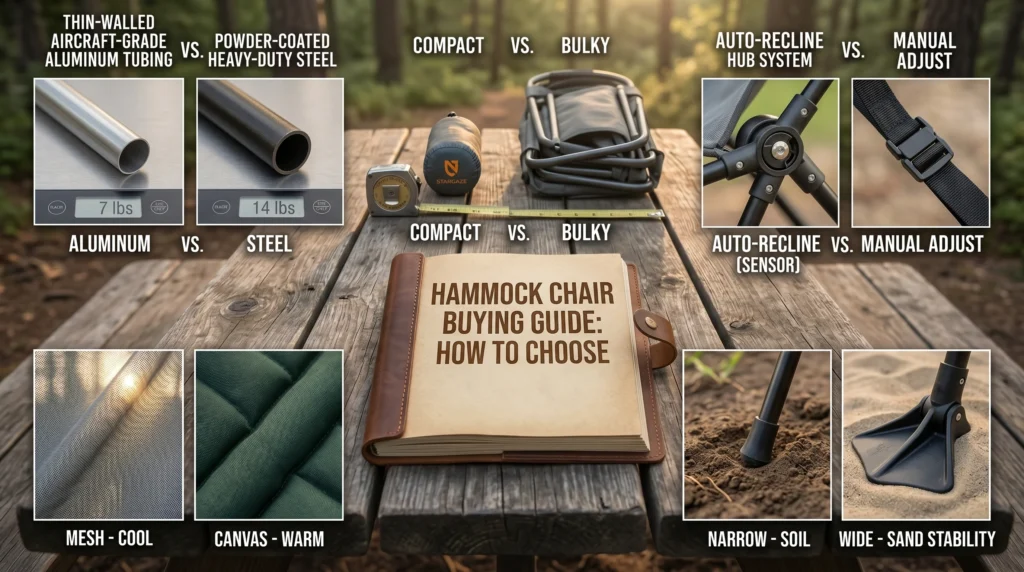 An outdoor gear flat-lay comparison for the best hammock chairs, illustrating aluminum versus steel frames, compact vs bulky pack sizes, auto-recline vs manual adjustment straps, mesh vs canvas fabrics, and narrow versus wide pivoting feet.