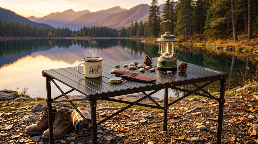 A black folding camping table set up on a rocky shore by a mountain lake at sunrise, holding a steaming camp mug, lantern, compass, and fixed-blade knife.