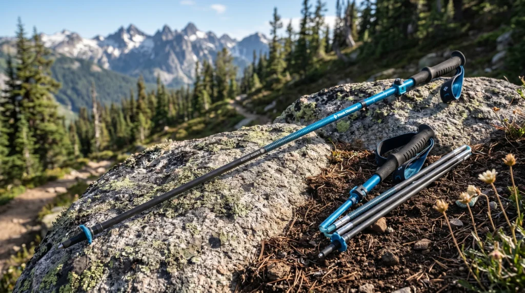 An extended and a folded blue Black Diamond trekking pole resting on a moss-covered rock along a sunny mountain trail, with jagged, snow-capped peaks in the background