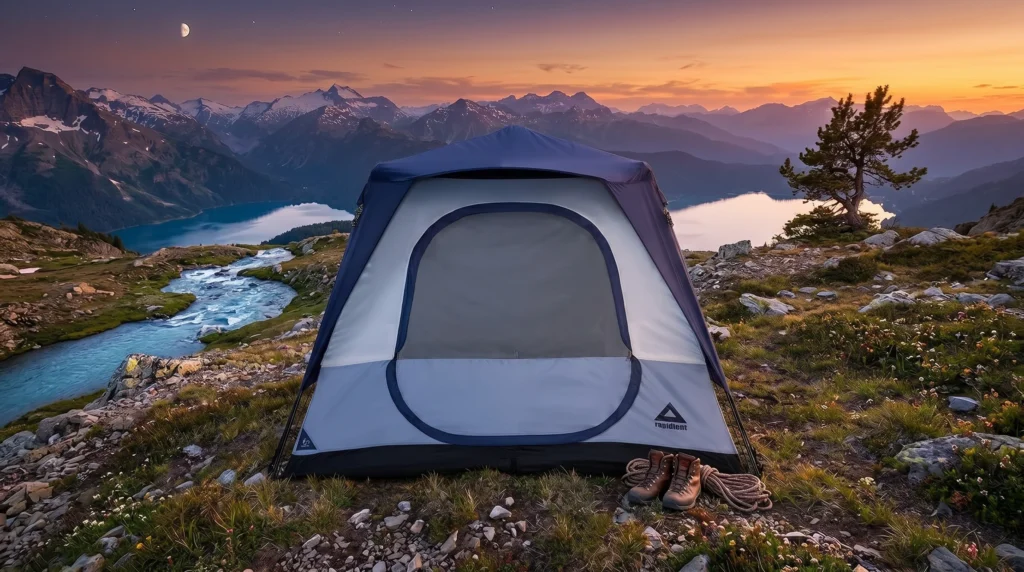 A blue and grey instant tent pitched on a grassy overlook beside a winding mountain river at dusk, with hiking boots and rope resting outside.
