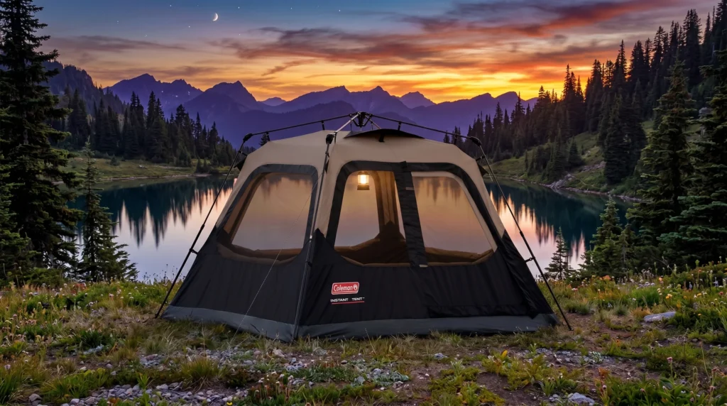 A black and tan Coleman instant tent with large panoramic mesh windows and an exposed top hub frame, pitched by a calm reflective mountain lake at twilight.