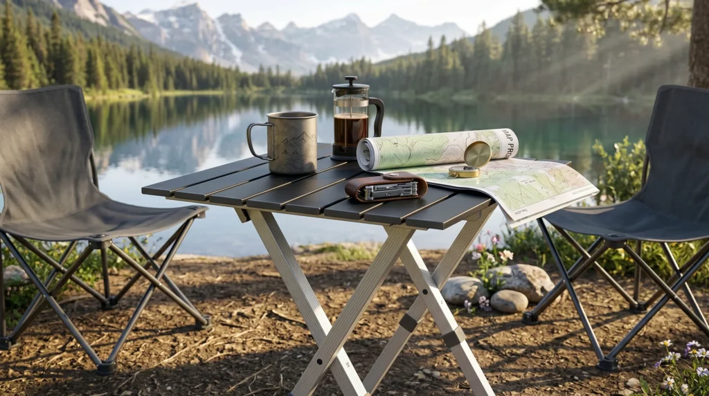 A compact folding camping table set up between two camp chairs on a dirt shoreline. The slat-top table holds a topographical map, compass, multi-tool, and coffee, with a mountain lake in the background.