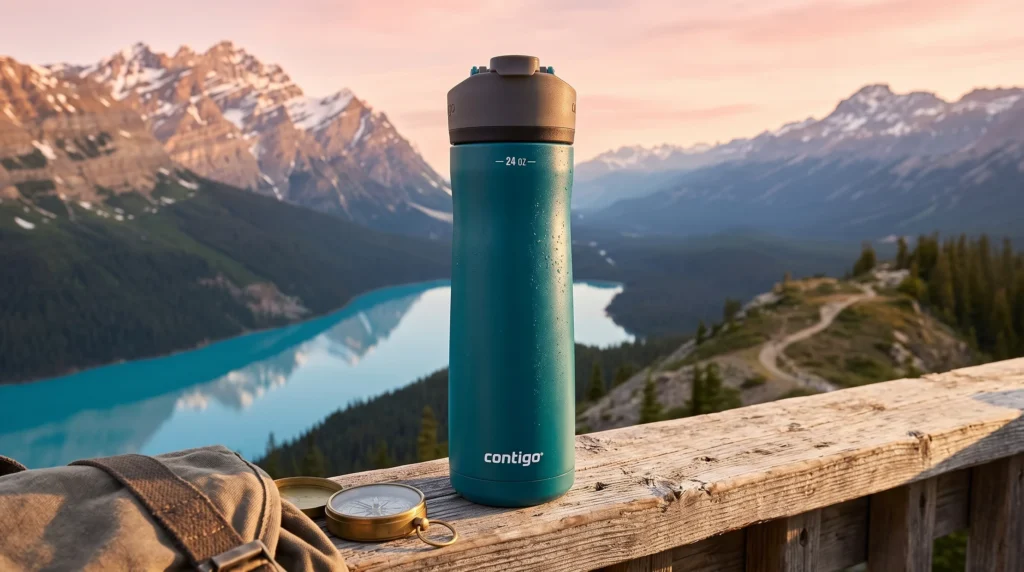 A teal 24 oz Contigo stainless steel water bottle covered in cold condensation, resting on a wooden railing overlooking a bright blue alpine lake and snow-capped mountains at sunset.