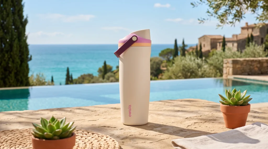 A cream-colored Owala stainless steel water bottle with a pink and purple lid, sitting on a stone patio next to an infinity pool with a Mediterranean ocean view in the background.