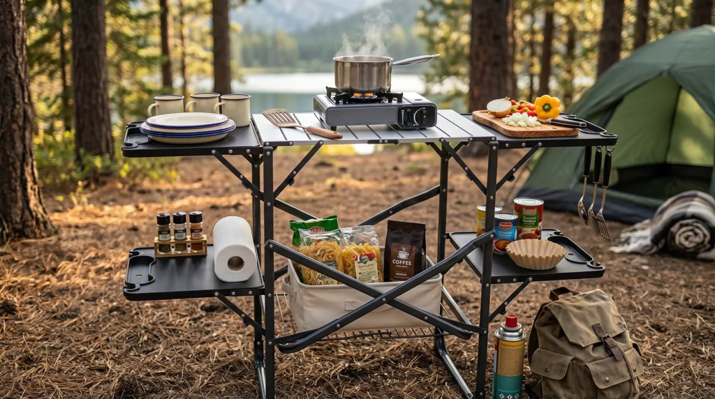 A multi-tier folding camp kitchen table set up in a forest, featuring a central aluminum top with a steaming pot on a camp stove, flanked by side shelves holding chopped vegetables, plates, and a spice rack.