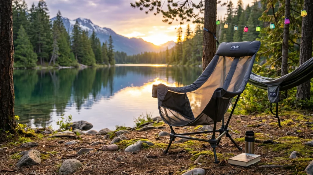 ENO Lounger DL hammock chairs set up on a lake side in a forest