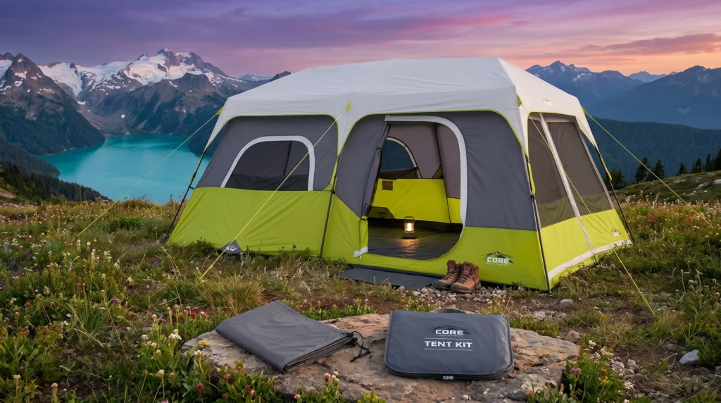 A large green and grey cabin-style instant tent pitched in an alpine meadow with wildflowers, overlooking a bright turquoise glacial lake and snow-capped mountains.