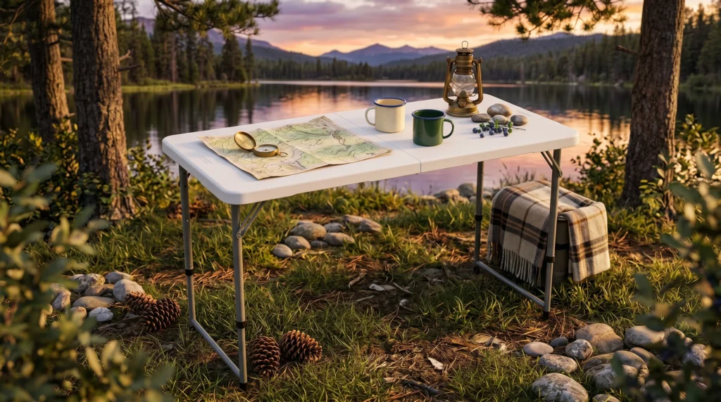 A large, white bi-fold plastic camping table set up on a grassy lakeshore at sunset. The table holds a topographical map, compass, two enamel mugs, and a vintage lantern.