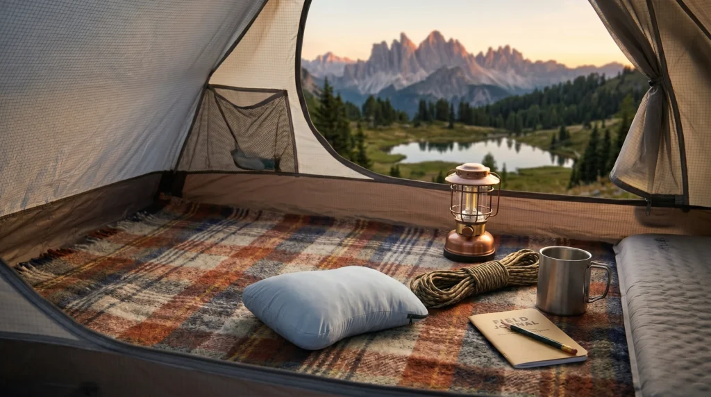 A light blue compressible camping pillow resting on a plaid blanket inside a tent alongside a vintage lantern and field journal, demonstrating a cozy setup with one of the best camping pillows.