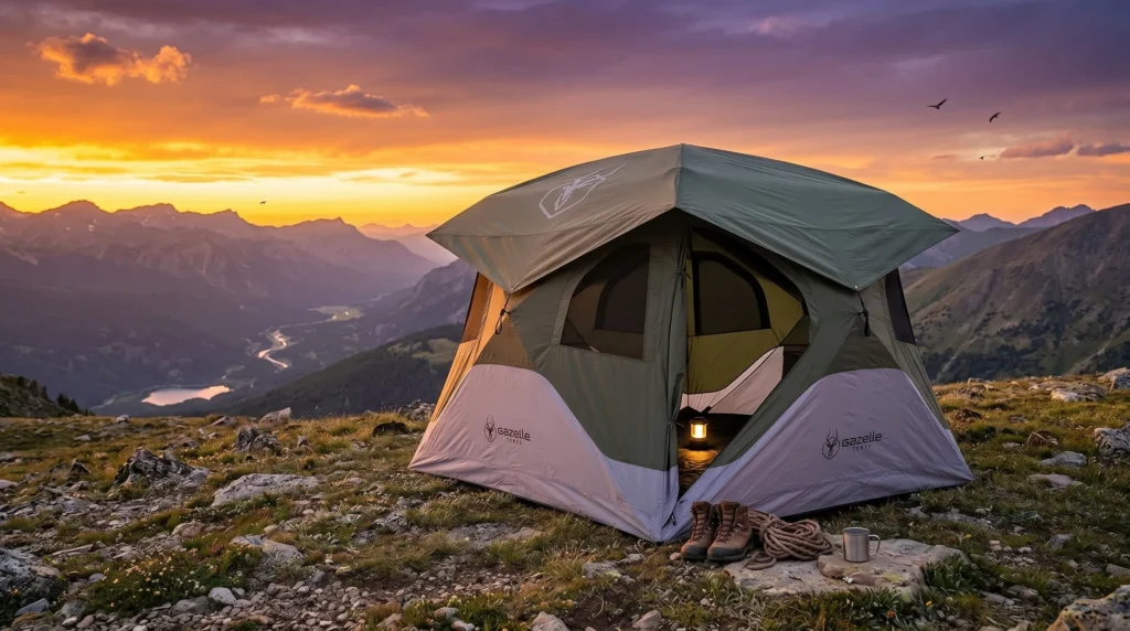 A durable green and grey instant tent pitched on a rocky mountain ridge during a vibrant sunset, with hiking boots and rope resting near the open door.
