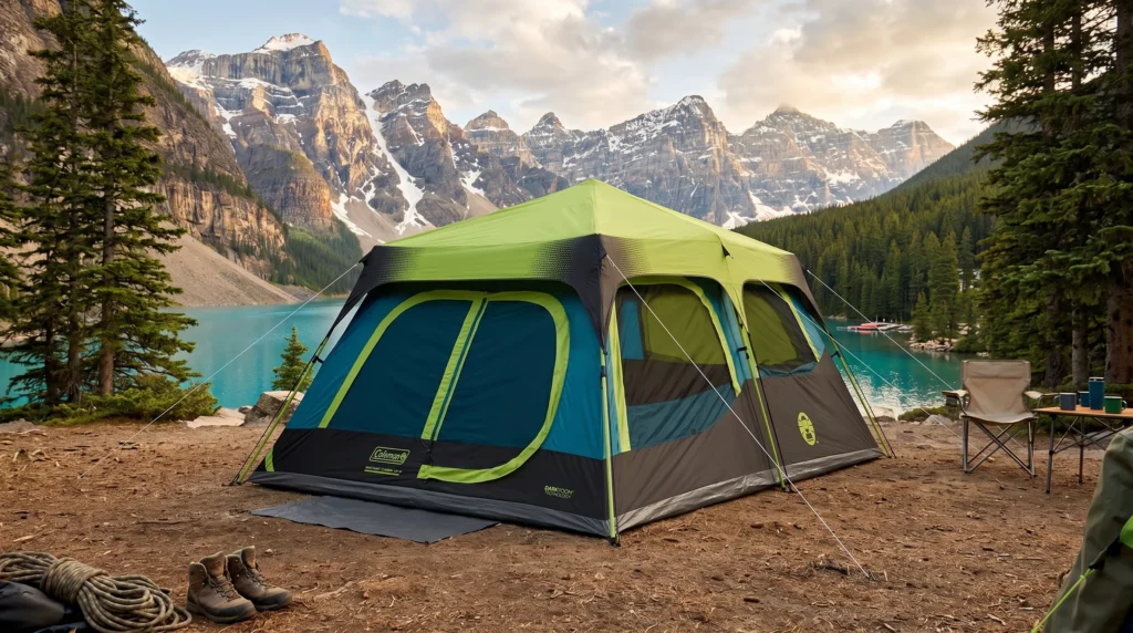 A spacious green and blue cabin-style instant tent pitched on a dirt campsite next to a bright turquoise glacial lake, surrounded by pine trees and snow-capped mountain peaks.