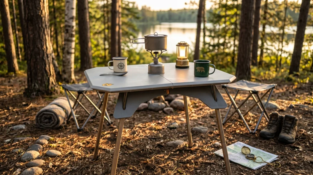 A modern, hard-top folding camping table set up in a pine forest at golden hour. The table holds a compact canister stove with a titanium pot, a lantern, and two camp mugs, with two small folding stools positioned nearby.