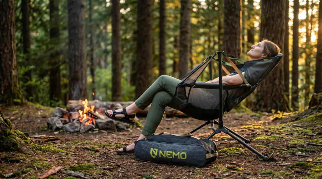 A camper relaxing in a Nemo Stargaze Recliner Luxury hammock chair next to a campfire in a lush forest.