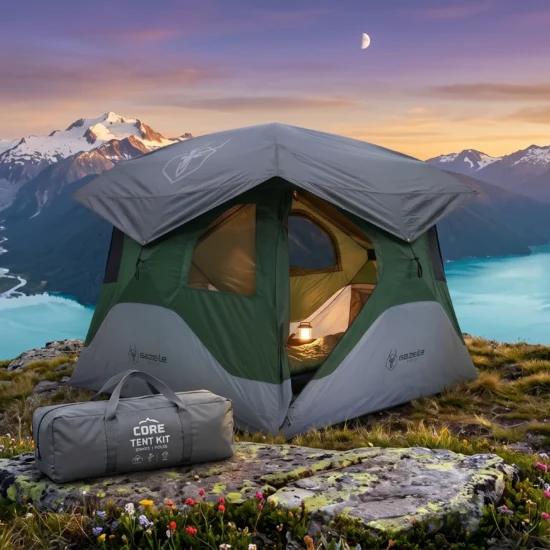 A green and grey instant tent pitched on a rocky alpine ridge at sunset, overlooking a turquoise glacial lake, with a CORE Tent Kit bag resting on a rock in the foreground.