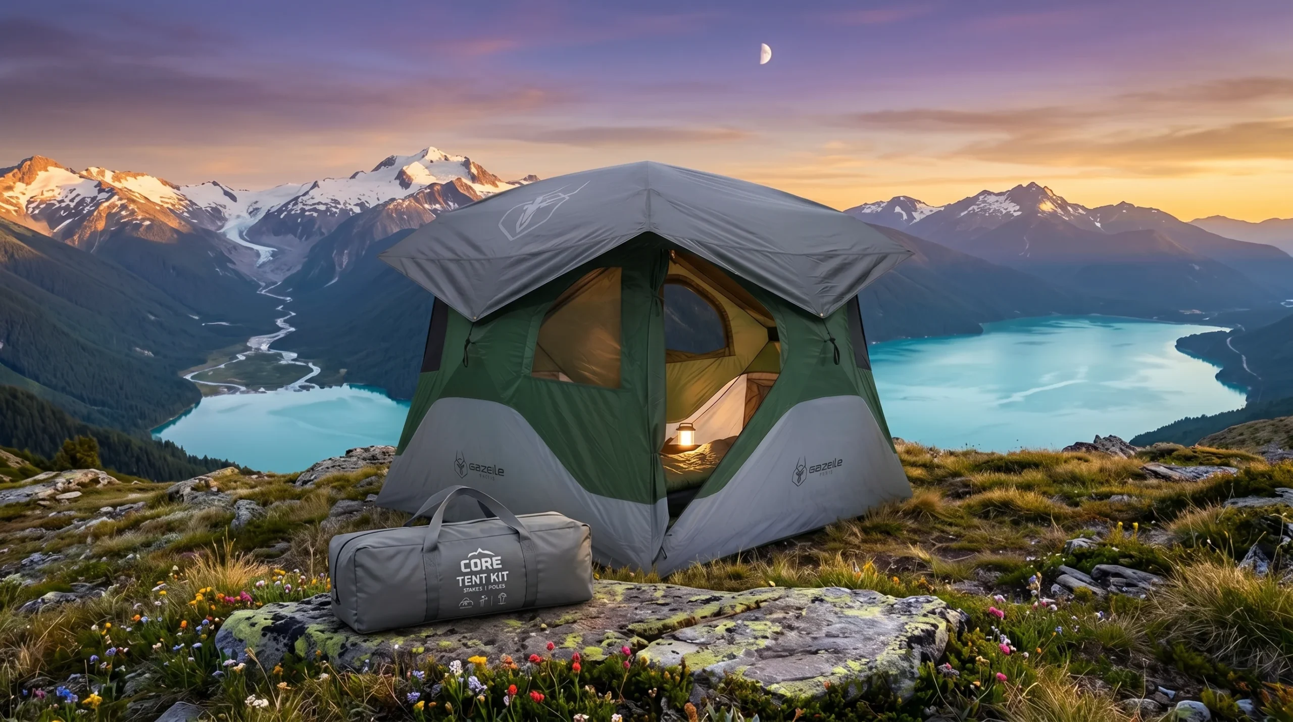 A green and grey instant tent pitched on a rocky alpine ridge at sunset, overlooking a turquoise glacial lake, with a CORE Tent Kit bag resting on a rock in the foreground.