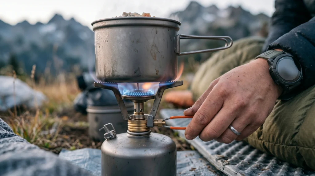 Close-up of a ProCampGear reviewer's hand adjusting the flame control valve on a titanium backpacking canister stove during a mountain field test.
