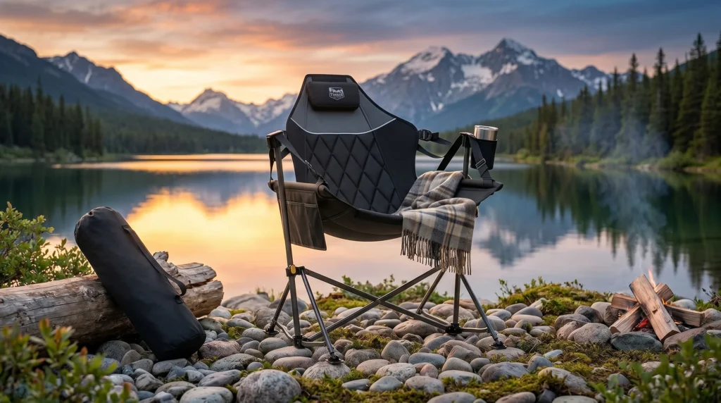 The heavy-duty steel frame of the Timber Ridge Hammock Camping Chair set up near a parked SUV.
