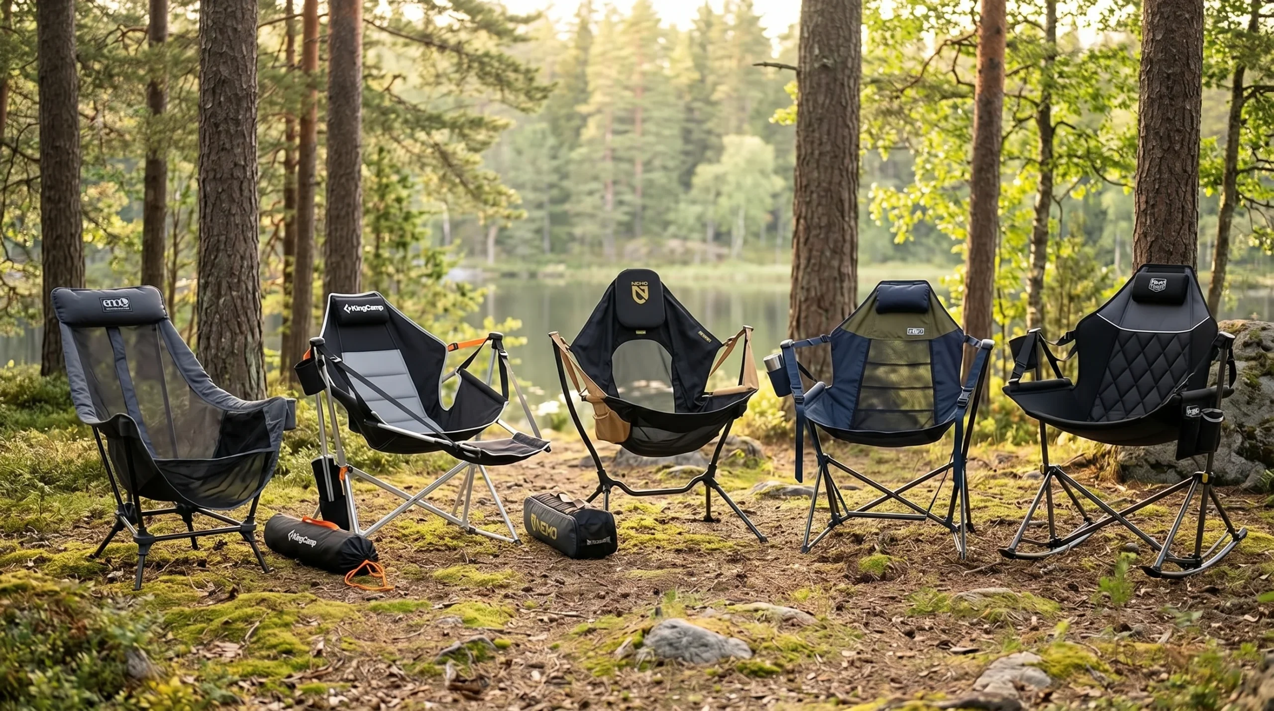 Five different freestanding hammock chairs, including models from NEMO, KingCamp, and ENO, set up side-by-side in a serene pine forest clearing near a calm lake.