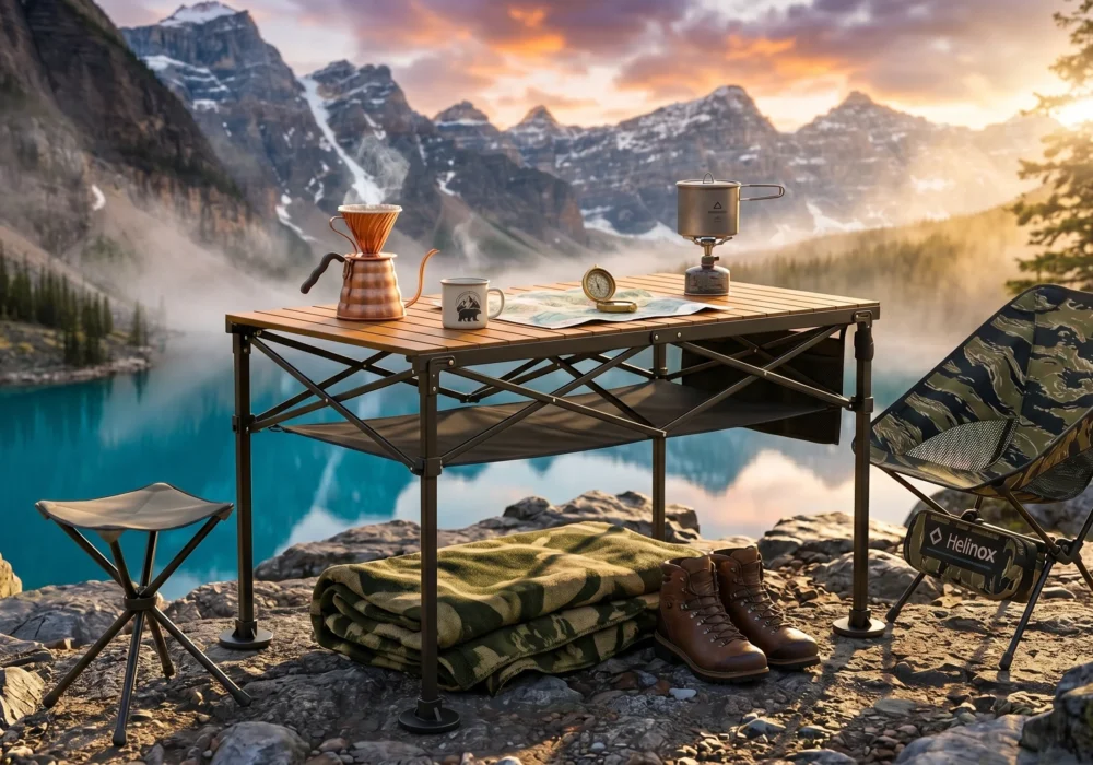 A versatile wood-top camping table set up on a rocky shoreline next to a stunning turquoise alpine lake at sunrise. The table features an under-shelf and holds a copper coffee maker, topographical map, and camp stove, flanked by a folding stool and a camo camp chair.