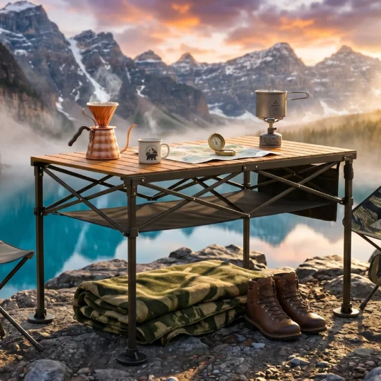 A versatile wood-top camping table set up on a rocky shoreline next to a stunning turquoise alpine lake at sunrise. The table features an under-shelf and holds a copper coffee maker, topographical map, and camp stove, flanked by a folding stool and a camo camp chair.