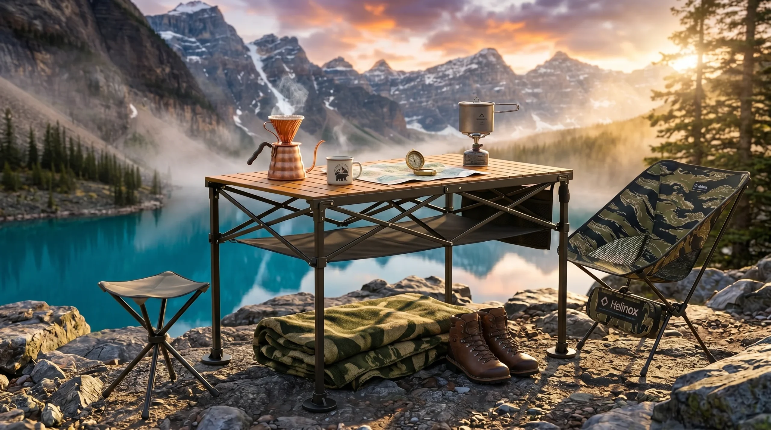 A versatile wood-top camping table set up on a rocky shoreline next to a stunning turquoise alpine lake at sunrise. The table features an under-shelf and holds a copper coffee maker, topographical map, and camp stove, flanked by a folding stool and a camo camp chair.