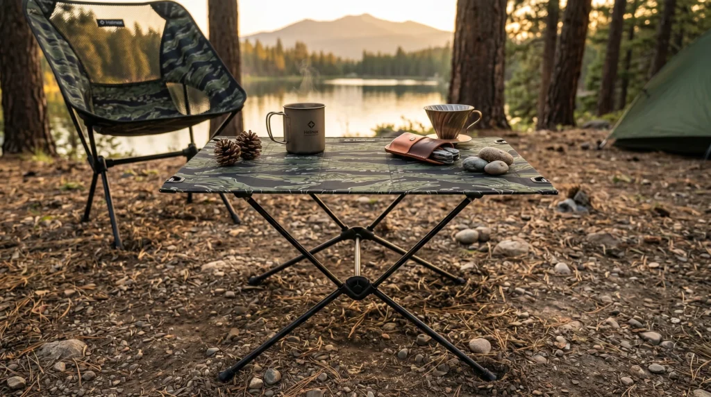 An ultralight folding camping table with a tensioned camouflage fabric top, set up in a pine forest next to a calm lake. The table holds a titanium camp mug, a pour-over coffee maker, and a multi-tool in a leather sheath.