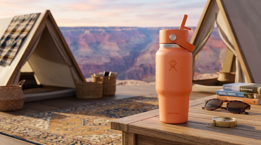 A peach-colored Hydro Flask stainless steel water bottle sitting on a wooden camp table, with canvas A-frame tents and a desert canyon in the background.