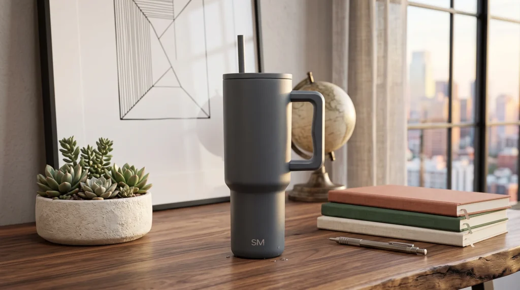 A matte charcoal gray Simple Modern stainless steel water bottle with a handle and straw sitting on a wooden desk with a city skyline view in the background.