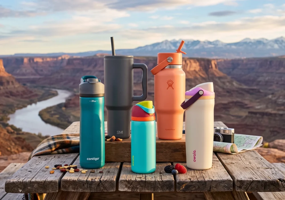 A lineup of top-rated stainless steel water bottles from Contigo, Simple Modern, Owala, and Hydro Flask on a rustic wooden camp table overlooking a deep desert canyon and river.