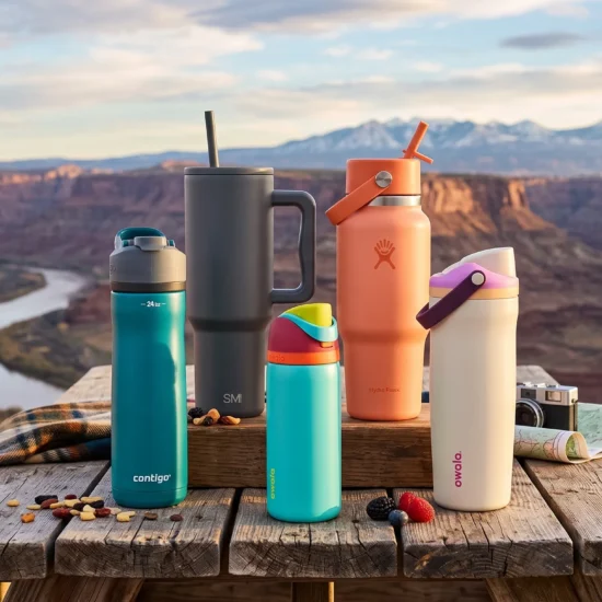 A lineup of top-rated stainless steel water bottles from Contigo, Simple Modern, Owala, and Hydro Flask on a rustic wooden camp table overlooking a deep desert canyon and river.