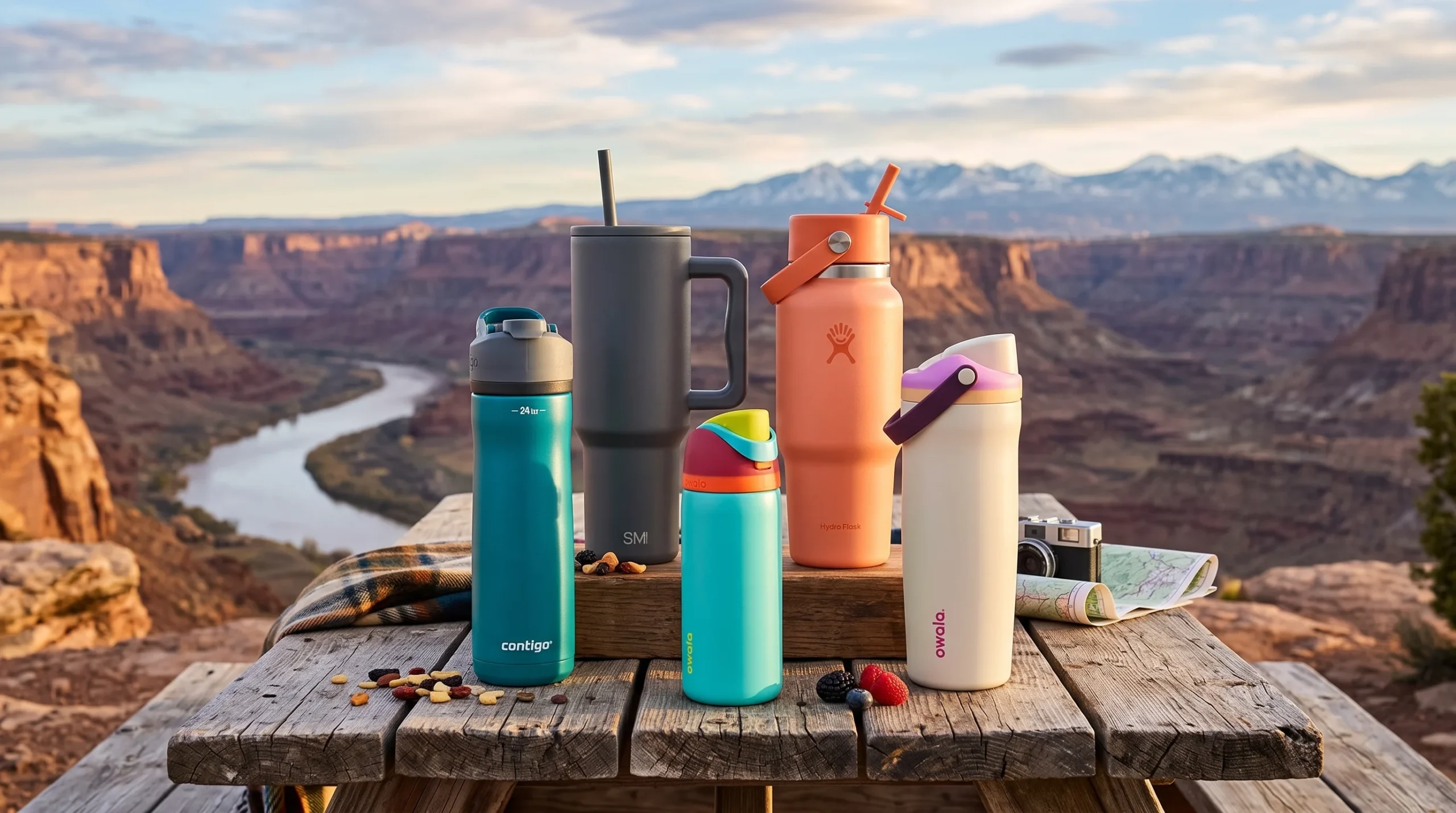 A lineup of top-rated stainless steel water bottles from Contigo, Simple Modern, Owala, and Hydro Flask on a rustic wooden camp table overlooking a deep desert canyon and river.